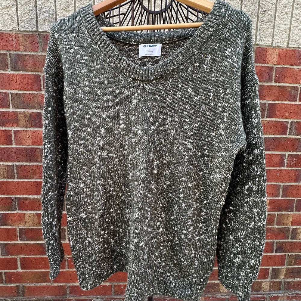Old Navy Speckled Olive Sweater Pullover BOHO Retro Tunic Length Loose-fit M